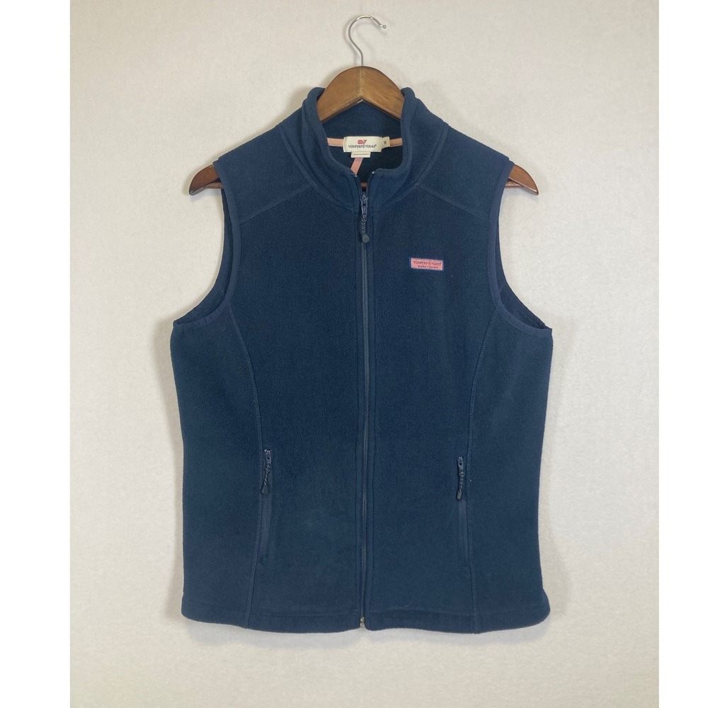 Preppy Vineyard Vines Womens Medium Navy Blue Full Zip Fleece Vest Logo‎